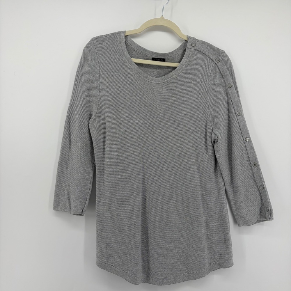 Talbots Womens M Gray Sweater 3/4 Sleeve Button Shoulder Curved Hem Pullover